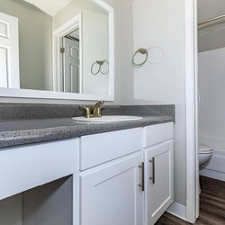 Bathroom with modern finishes in primary bedroom in the Aspen floor plan of The Oslo, located in Northglenn, CO